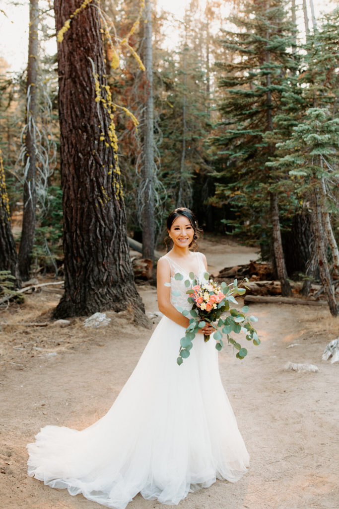 bride in forest, bridal bouquet, bridal portrait, adventurous bride, Taft Point elopement, Yosemite Elopement, Glacier Point Elopement, best places to elope in california, northern california elopement, Rachel Christopherson Photography