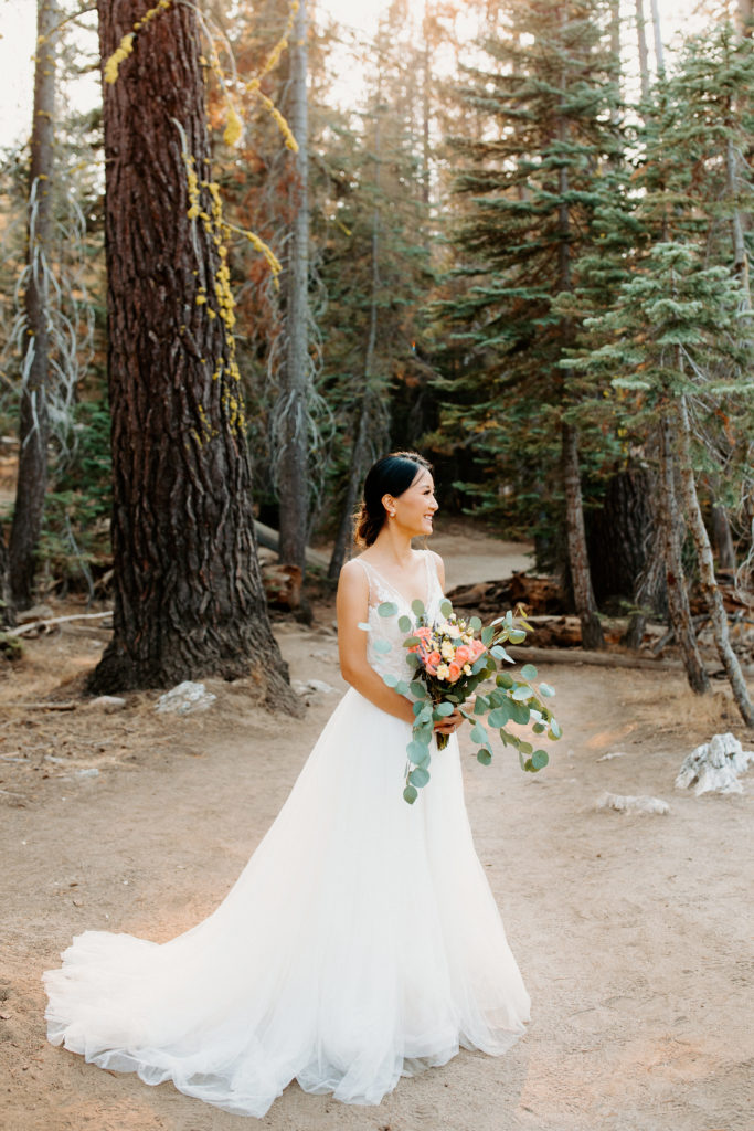 bride in forest, bridal bouquet, bridal portrait, adventurous bride, Taft Point elopement, Yosemite Elopement, Glacier Point Elopement, best places to elope in california, northern california elopement, Rachel Christopherson Photography