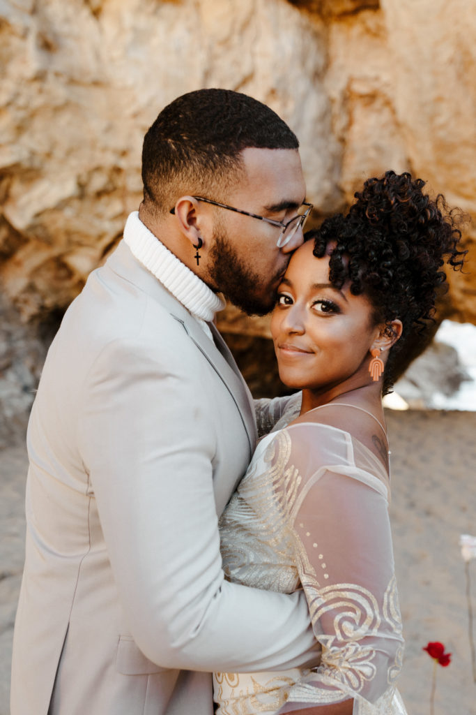 groom kissing bride on forehead, Santa cruz wedding, santa cruz elopement, santa cruz wedding photographer, santa cruz elopement photographer, big sur elopement, boho beach bride, california boho elopement, best places to elope in California, California elopement, California beach elopement, boho bride inspo, Rachel Christopherson Photography