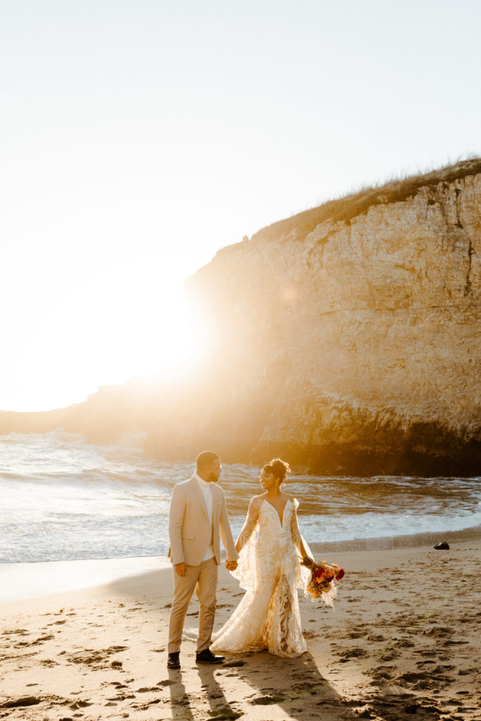 bride and froom walking from ocean, Santa cruz wedding, santa cruz elopement, santa cruz wedding photographer, santa cruz elopement photographer, big sur elopement, boho beach bride, california boho elopement, boho wedding dress, best places to elope in California, California elopement, California beach elopement, boho bride inspo, Rachel Christopherson Photography