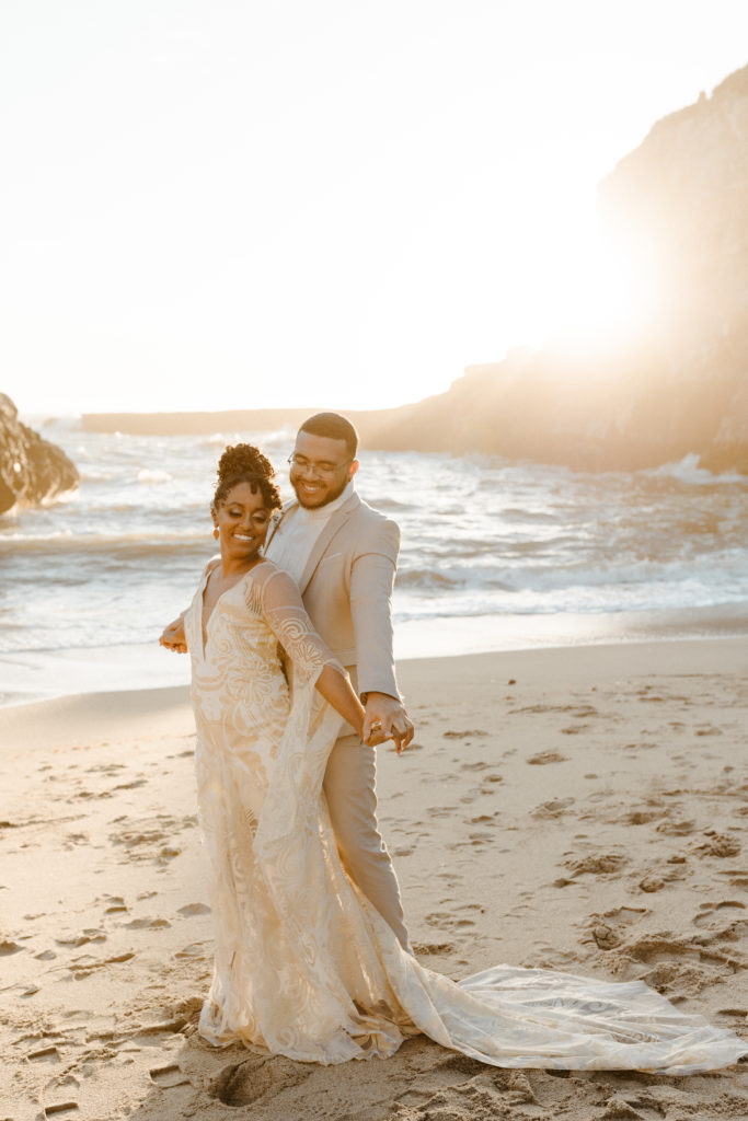bride and groom dancing on beach,  Santa cruz wedding, santa cruz elopement, santa cruz wedding photographer, santa cruz elopement photographer, big sur elopement, boho beach bride, california boho elopement, boho wedding dress, best places to elope in California, California elopement, California beach elopement, boho bride inspo, Rachel Christopherson Photography