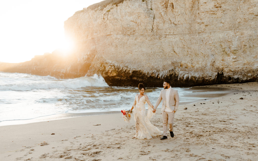 bride and groom walking on beach, Santa cruz wedding, santa cruz elopement, santa cruz wedding photographer, santa cruz elopement photographer, big sur elopement, boho beach bride, california boho elopement, boho wedding dress, best places to elope in California, California elopement, California beach elopement, boho bride inspo, Rachel Christopherson Photography