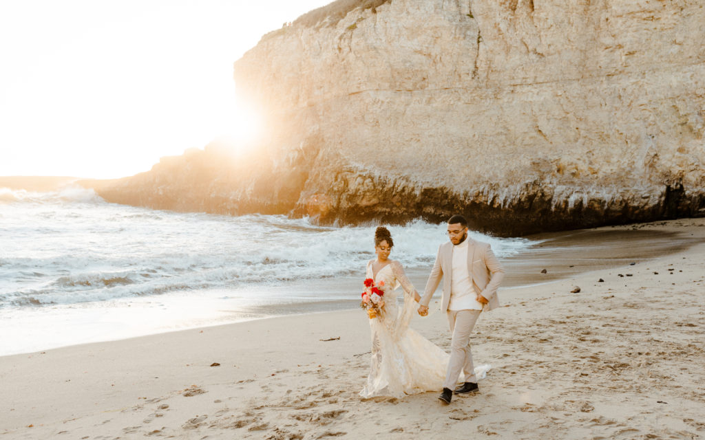 bride and groom walking on beach, Santa cruz wedding, santa cruz elopement, santa cruz wedding photographer, santa cruz elopement photographer, big sur elopement, boho beach bride, california boho elopement, boho wedding dress, best places to elope in California, California elopement, California beach elopement, boho bride inspo, Rachel Christopherson Photography