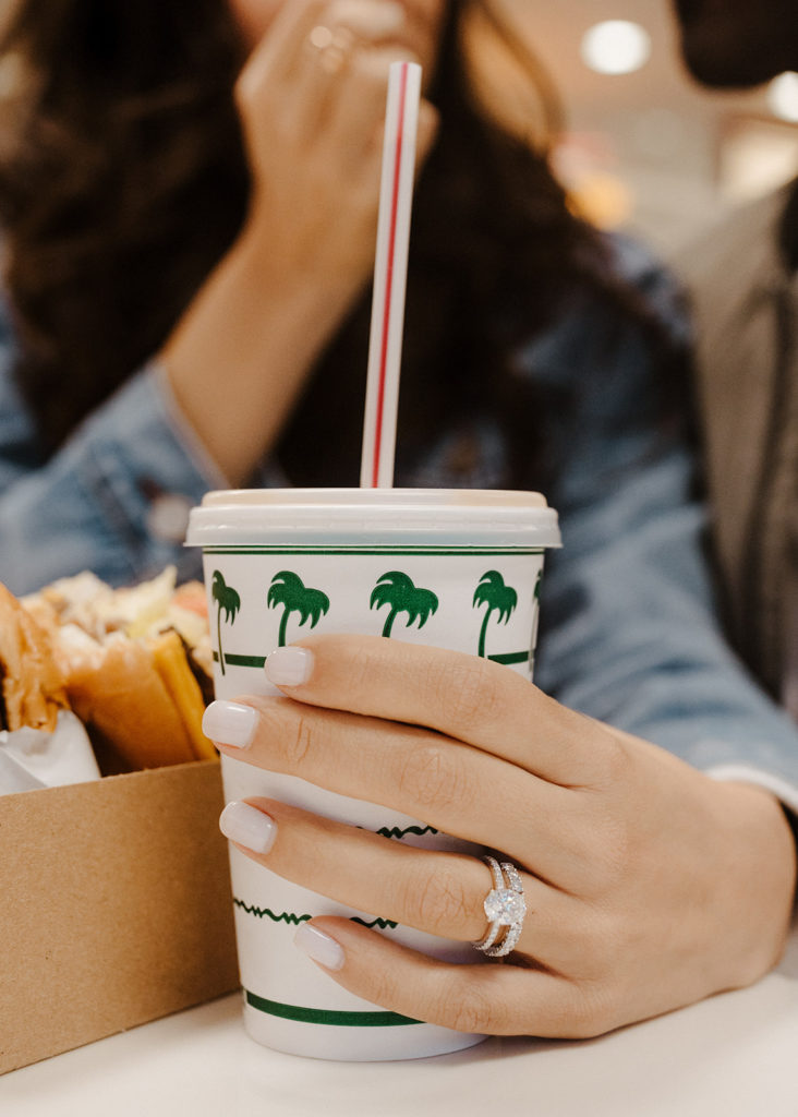 In n out engagement photos, creative engagement photos, Sacramento engagement photos, Sacramento engagement photographer, jean jacket engagement photos, unique engagement photos, engagement ring, Rachel Christopherson Photography