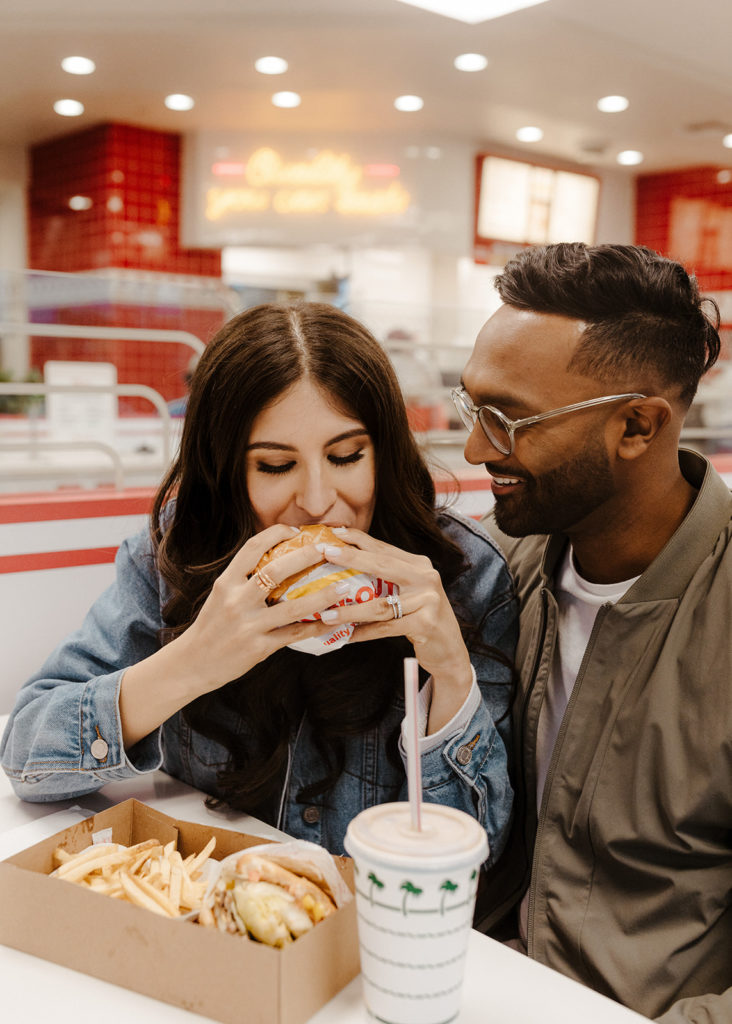 In n out engagement photos, creative engagement photos, Sacramento engagement photos, Sacramento engagement photographer, jean jacket engagement photos, unique engagement photos, Rachel Christopherson Photography
