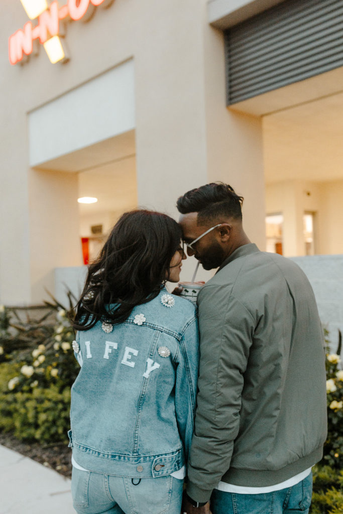 In n out engagement photos, creative engagement photos, Sacramento engagement photos, Sacramento engagement photographer, jean jacket engagement photos, unique engagement photos, Rachel Christopherson Photography
