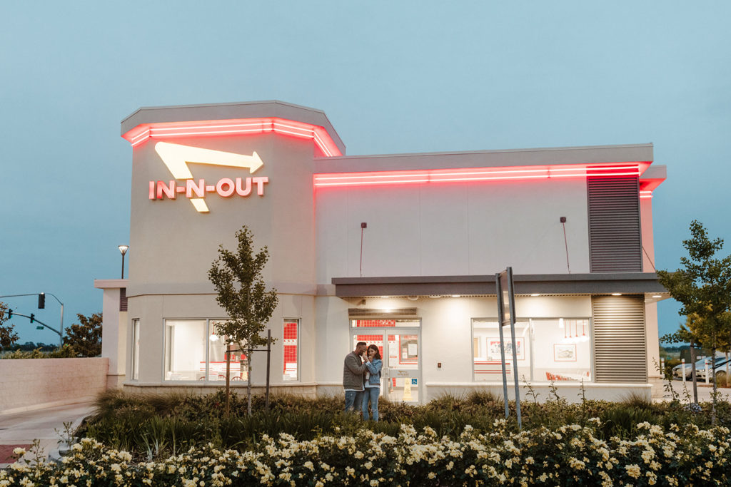 In n out engagement photos, creative engagement photos, Sacramento engagement photos, Sacramento engagement photographer, jean jacket engagement photos, unique engagement photos, Rachel Christopherson Photography