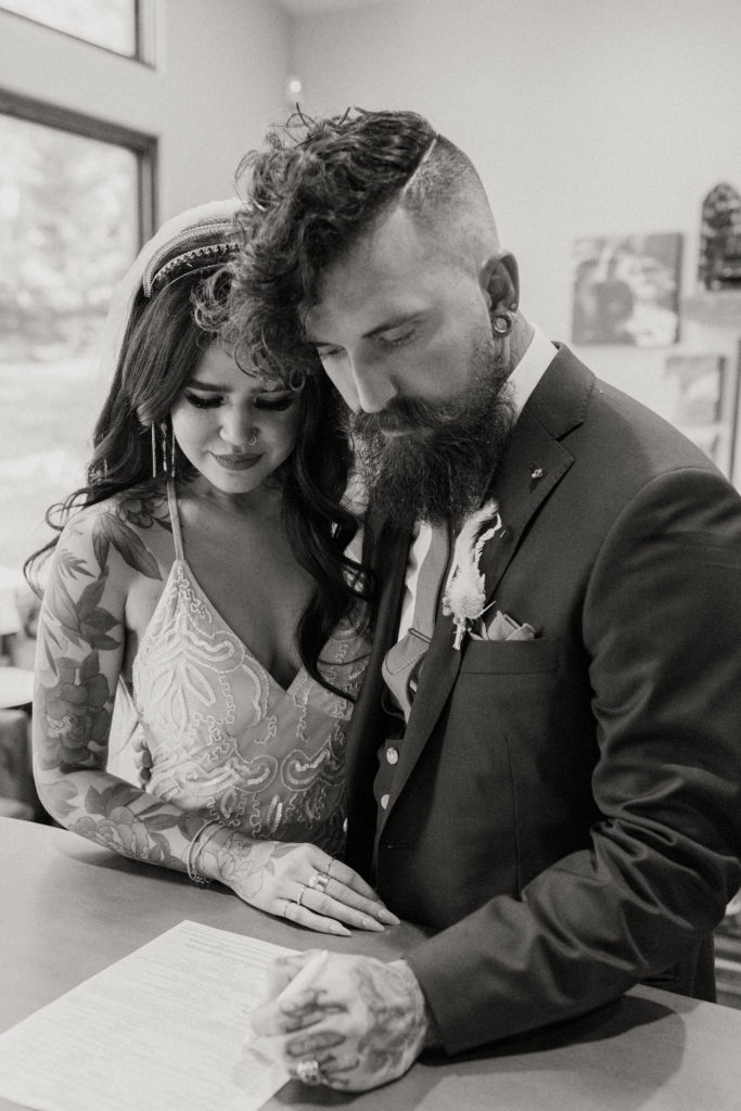 Rachel Christopherson Photography-Backyard Wedding-Unique Wedding Arch-Boho Wedding-Boho Bride-Edgy Wedding-Tattooed Bride-Tattooed Groom-Lake Tahoe Wedding-Northern California Wedding-Nor Cal Wedding-Sacramento-Lake Tahoe-Monterey-Carmel-Santa Cruz-Big Sur-Yosemite-Mendocino-Wedding and Elopement Photographer-Black and White-Signing Marriage License