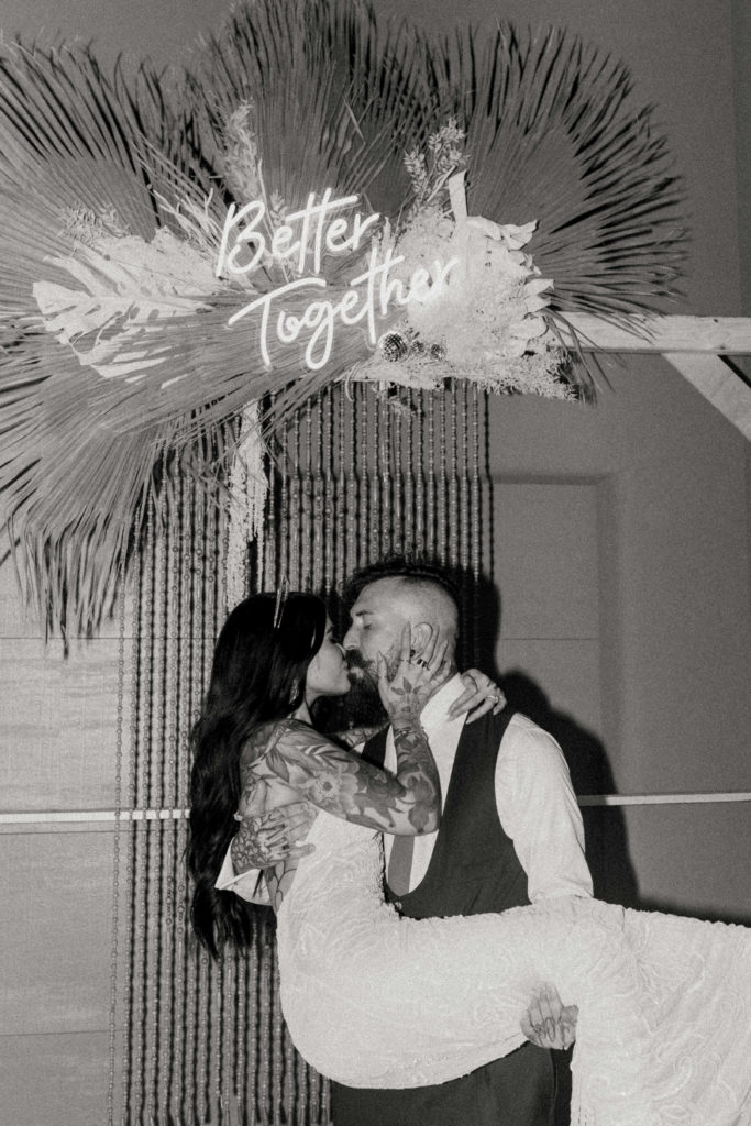 Rachel Christopherson Photography-Backyard Wedding-Unique Wedding Arch-Boho Wedding-Boho Bride-Edgy Wedding-Tattooed Bride-Tattooed Groom-Lake Tahoe Wedding-Northern California Wedding-Nor Cal Wedding-Sacramento-Lake Tahoe-Monterey-Carmel-Santa Cruz-Big Sur-Yosemite-Mendocino-Wedding and Elopement Photographer-Wedding Details-Wedding Reception-Bride and Groom-Wedding Neon Sign-Black and White