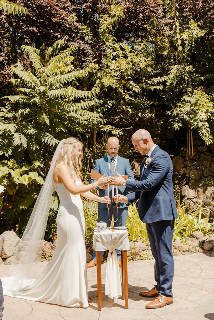 Rachel Christopherson Photography-Sacramento Garden Wedding-Rustic Wedding-Summer Wedding-Northern California-Nor Cal-Wedding Ceremony-Exchanging Vows-Wedding Dress With Train-Bridal Veil-Navy Groom's Suit
