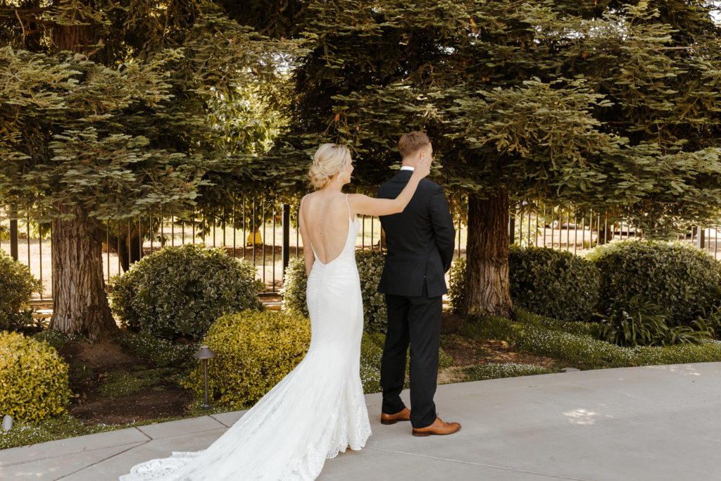 Rachel Christopherson Photography-Bride and Groom-Bride and Groom First Look-Slick Black Tux-Brown Dress Shoes-Lace Detailed Wedding Dress-Low Back Wedding Dress-Wedding Dress With Train-Bridal UpDo-Sacramento-Lake Tahoe-Monterey-Carmel-Santa Cruz-Big Sur-Yosemite-Mendocino-Hawaii-Wedding and Elopement Photographer-Wedding Photos-Northern California-Nor Cal