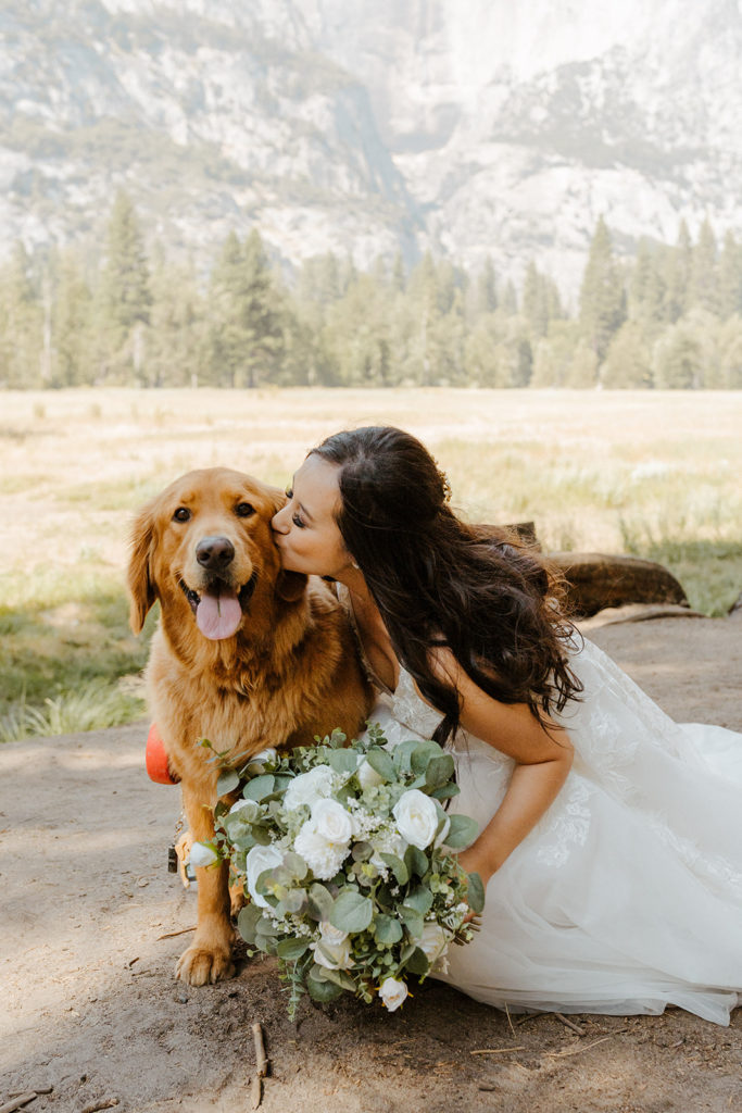 rachelchristophersonphotos-swinging bridge-yosemite elopement-yosemite elopement-swinging bridge elopement-mountain top elopement-northern california elopement-bride and groom-slick black suit-lacey floral wedding gown-dog wedding photos