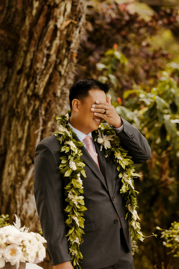 Rachel Christopherson Photography - North Shore Oahu wedding at Sunset Ranch, wedding ceremony photos, groom waiting for bride