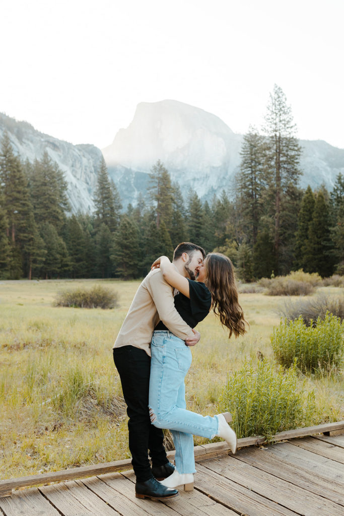 Rachel Christopherson Yosemite Engagement Photographer - Yosemite Valley engagement photos, surprise proposal photos, engaged couple kissing