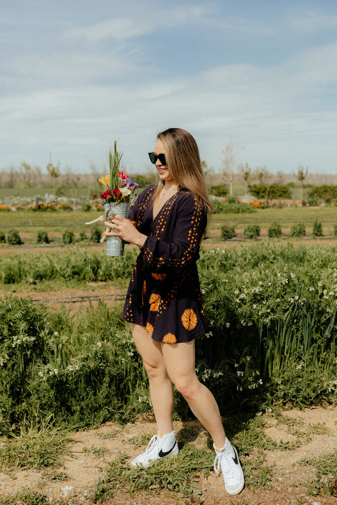 Bridal guests picking flowers