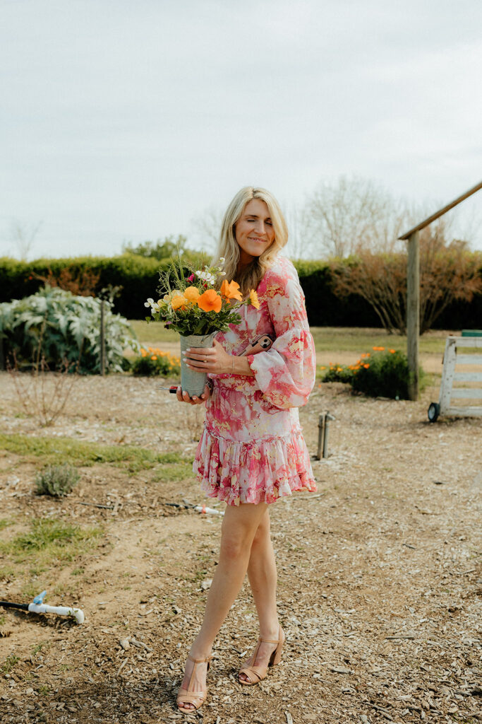Bridal guests picking flowers