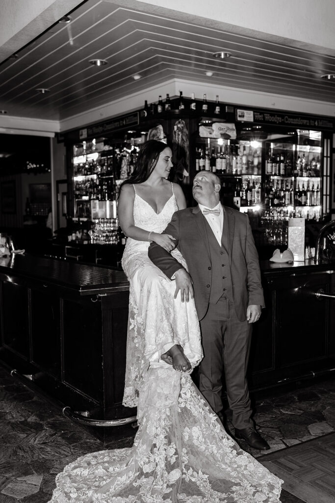 Bride and groom bar portraits in Gar Woods