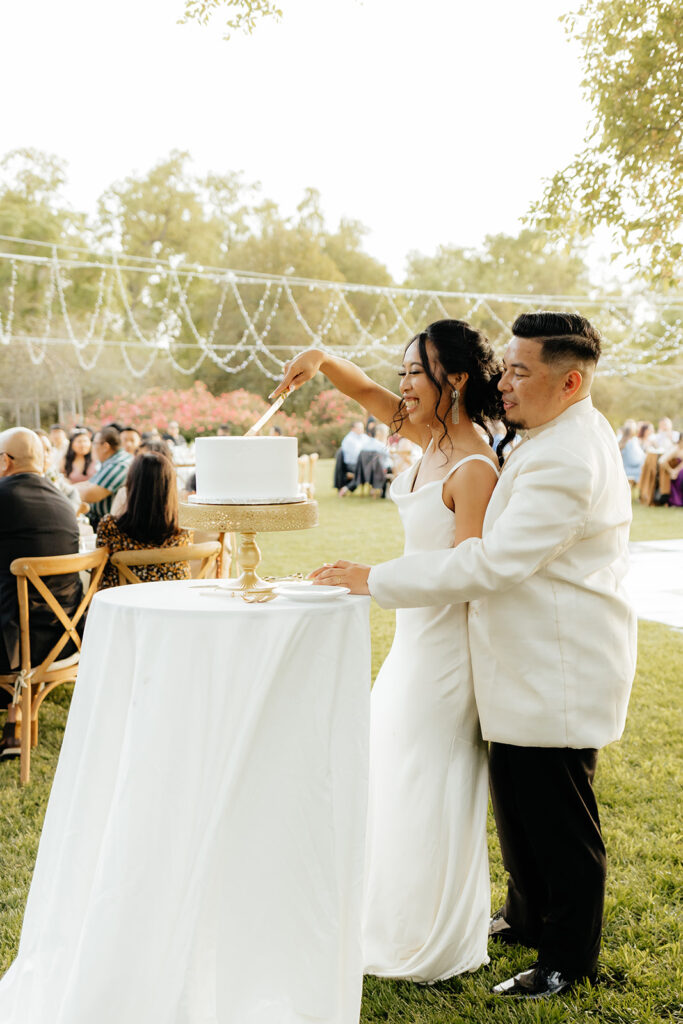 Bride and groom cutting wedding cake