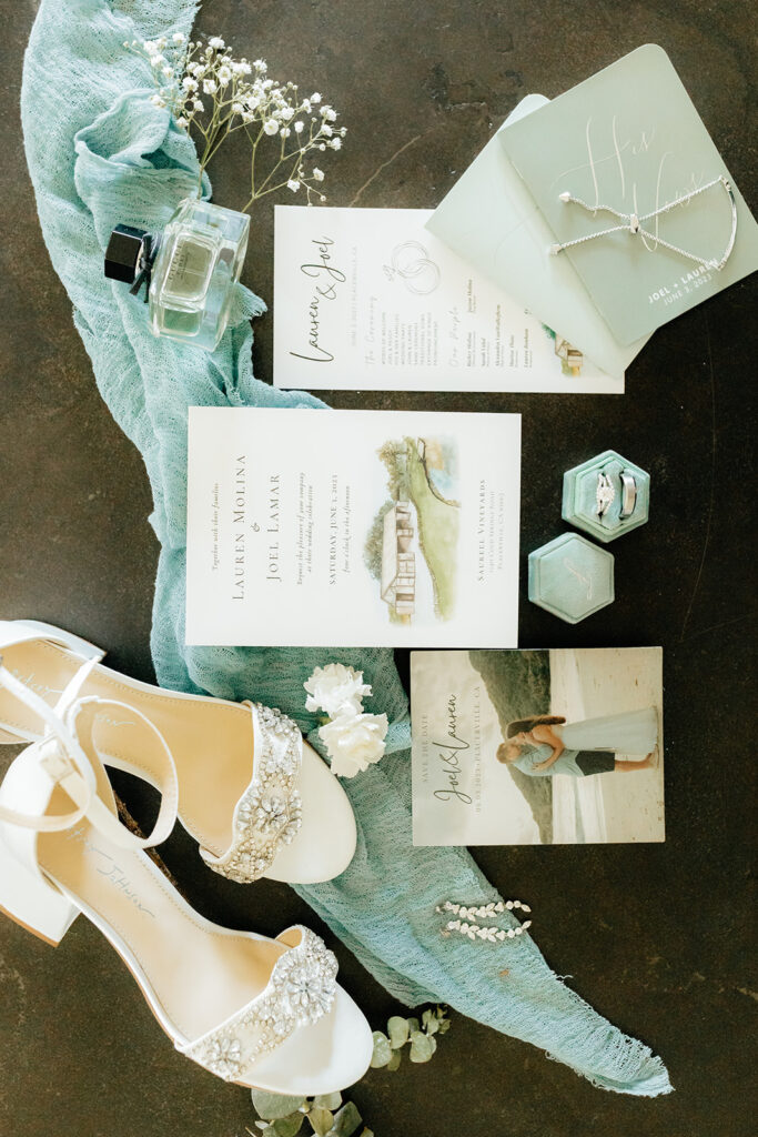 Wedding detail flatlay from Saureel Vineyards wedding in Placerville, California