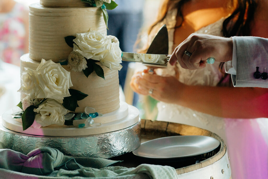Bride and groom cutting wedding cake