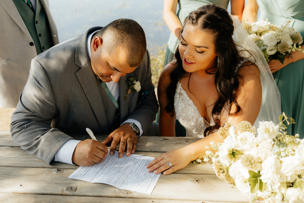 Bride and groom signing wedding certificate