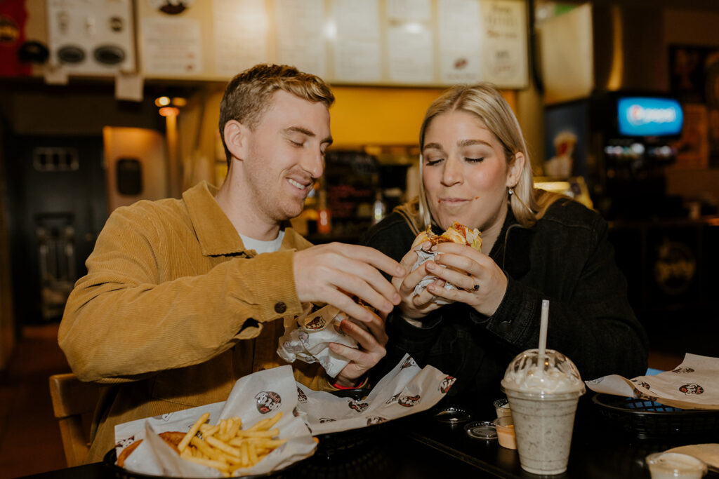 Playful couples photos at the original Betty's Burgers in Santa Cruz, CA