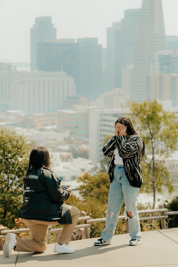 Couples surprise San Francisco proposal at Ina Coolbrith Park