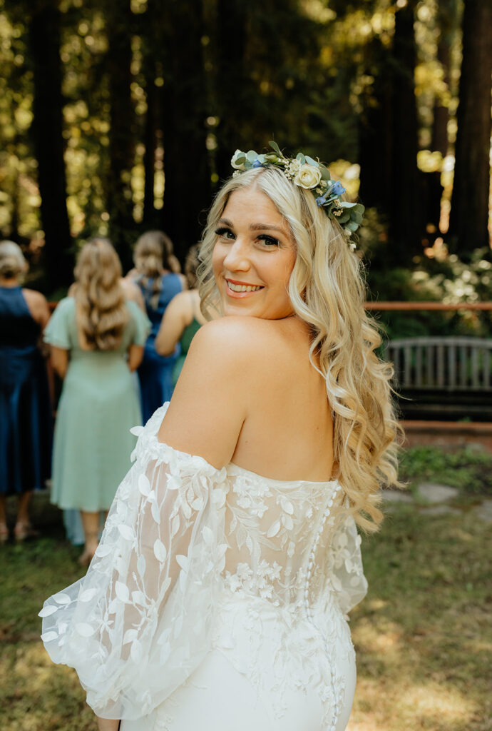 Brides first look with bridesmaids