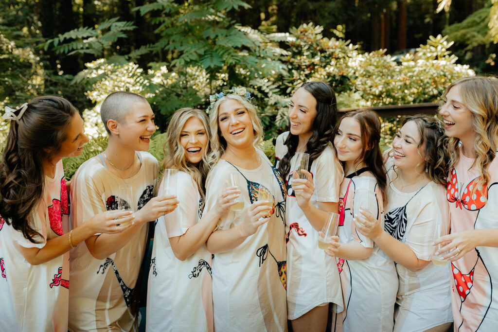 Bride and bridesmaids wearing cartoon bikini t shirt