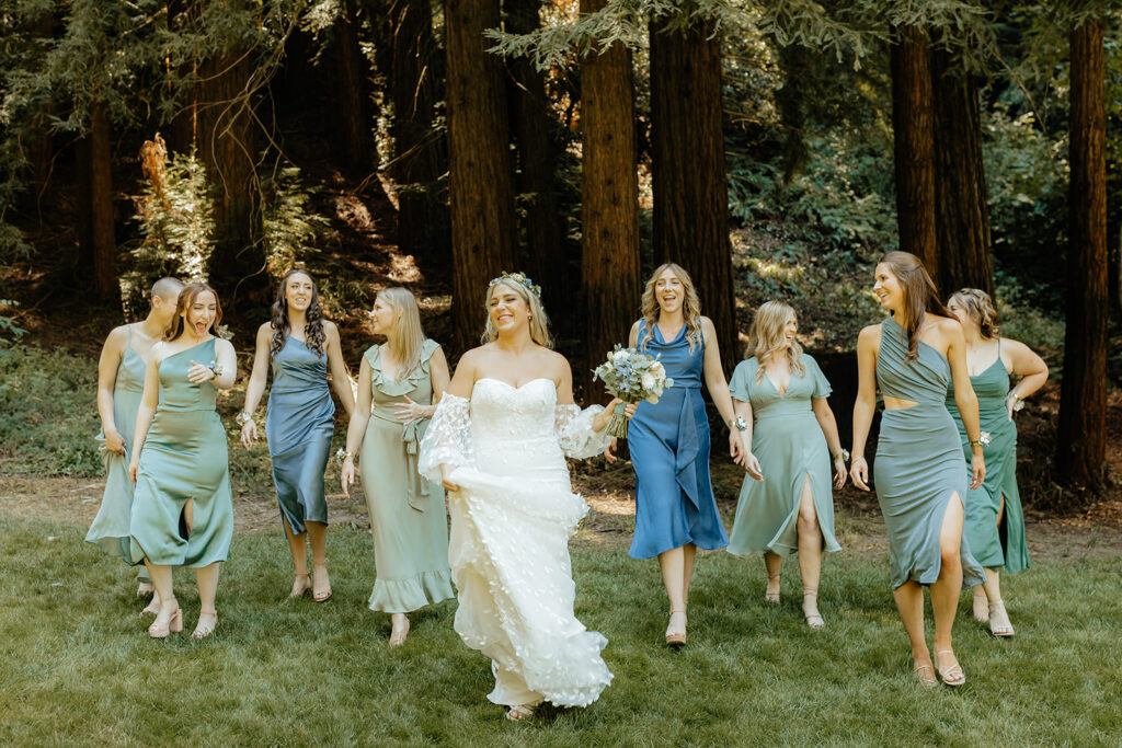 Bride and bridesmaids photos from a redwood wedding at Nestldown wedding venue