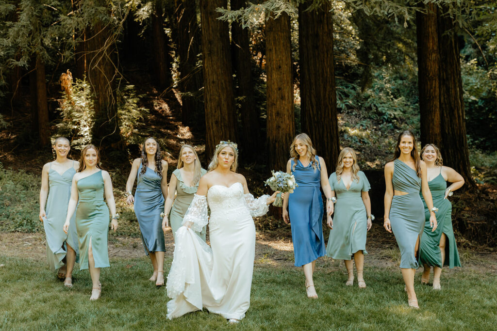 Bride and bridesmaids photos from a redwood wedding at Nestldown wedding venue