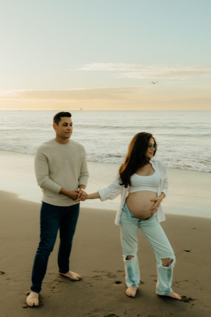 Couples maternity pictures on Bakers Beach in San Francisco, California