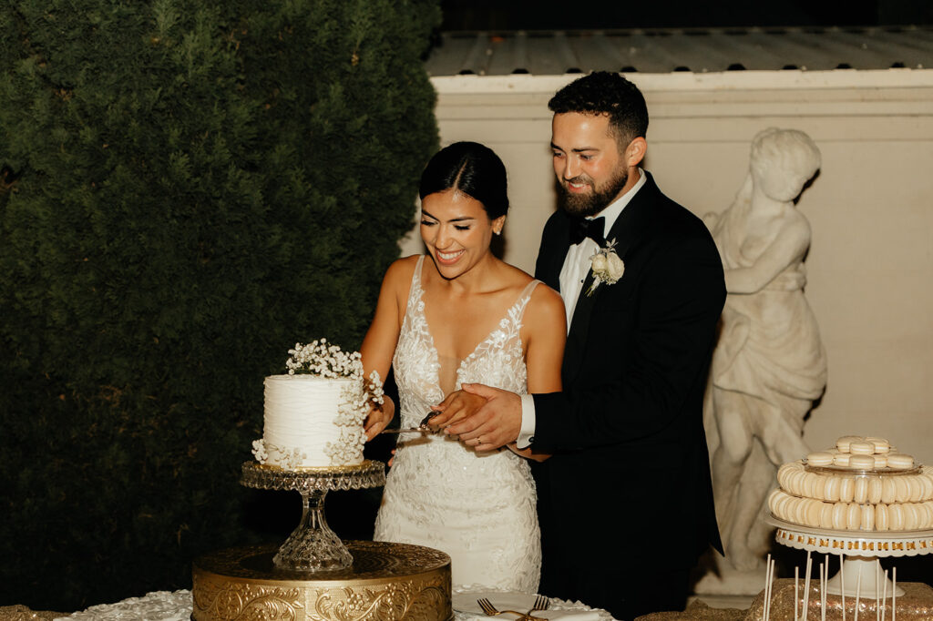 Bride and groom cutting cake