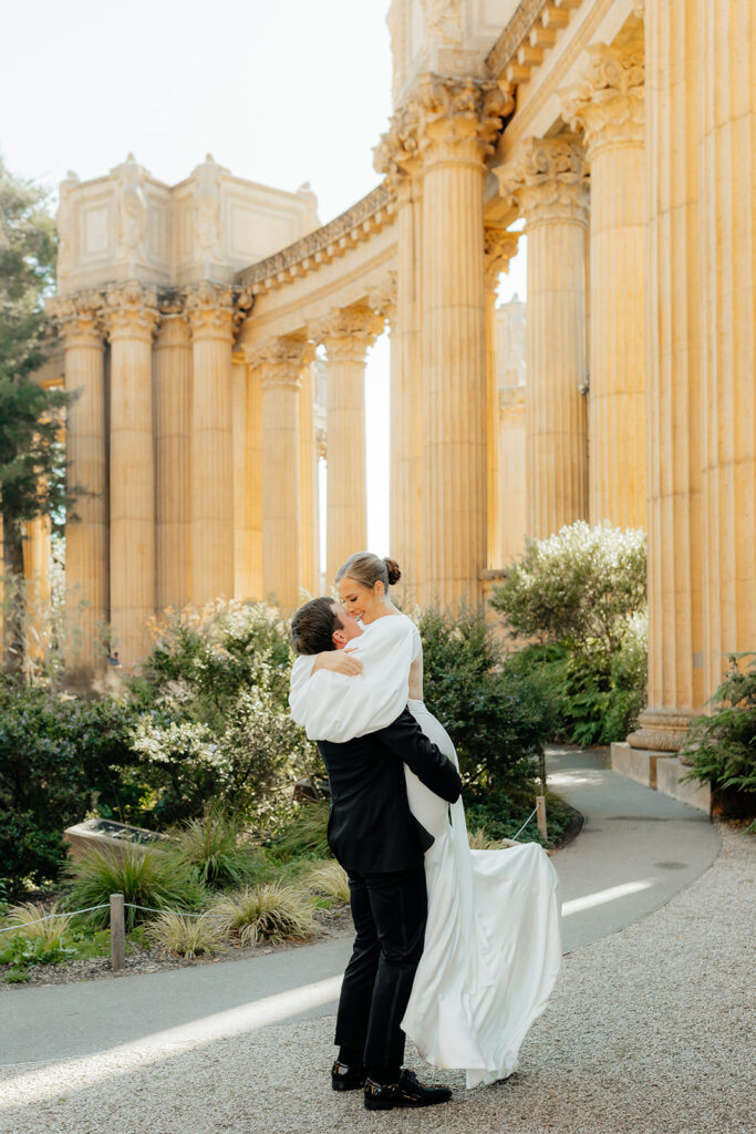 Bride and groom portraits at The Palace of Fine Arts in SF