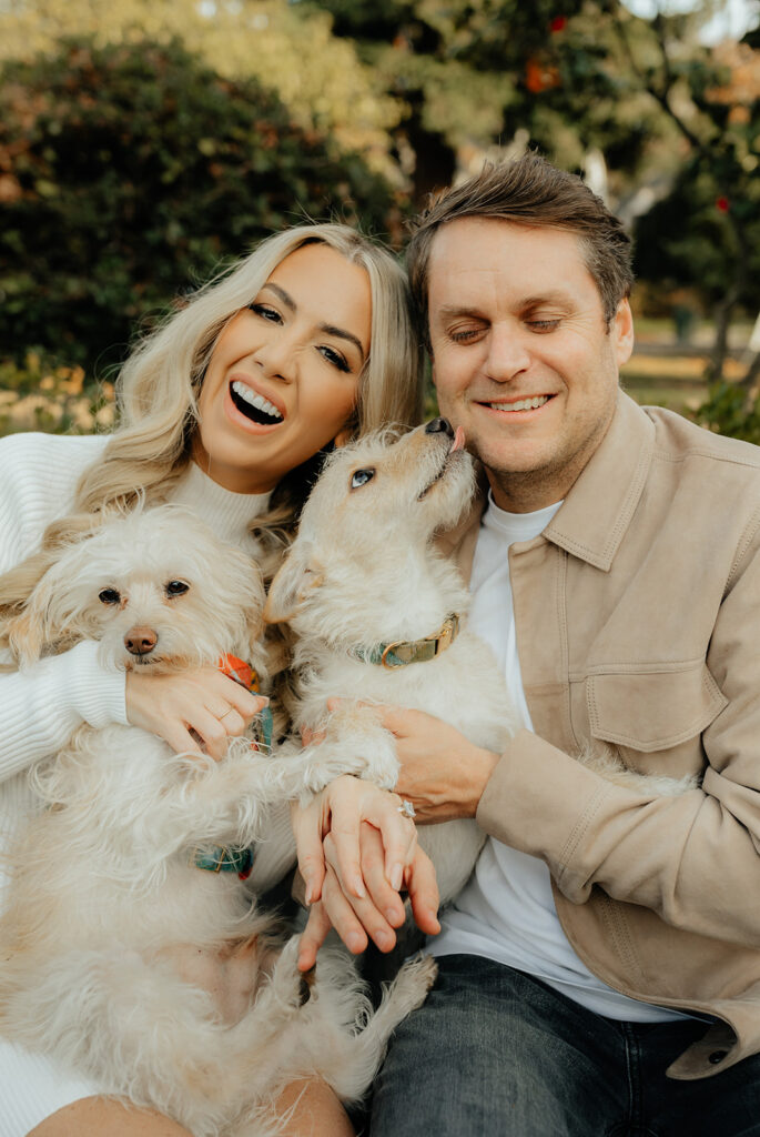 Couples Sacramento engagement photos at McKinley Park with their two dogs