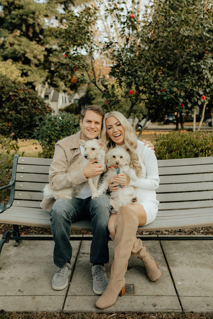 Couples Sacramento engagement photos at McKinley Park with their two dogs