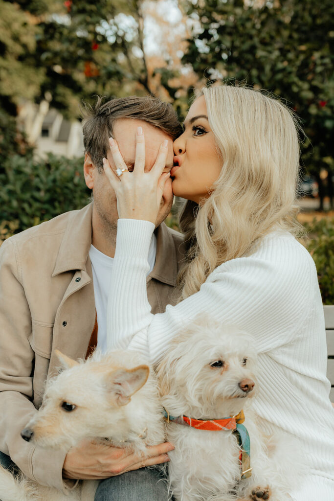Couples Sacramento engagement photos at McKinley Park with their two dogs