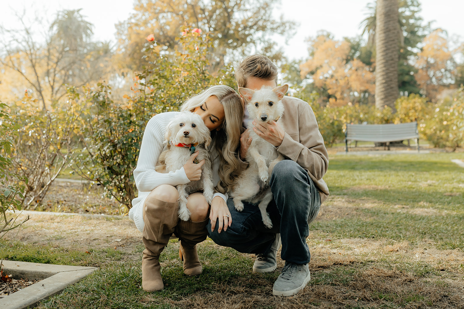 Couples Sacramento engagement photos at McKinley Park with their two dogs