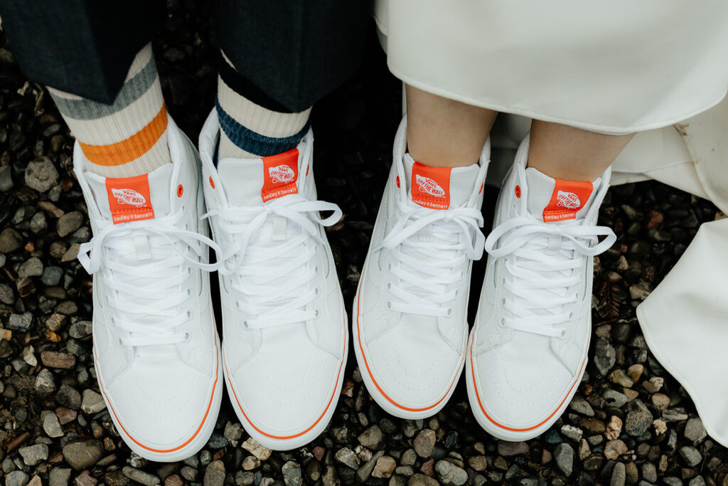 bride and groom intimate outdoor wedding shoes 