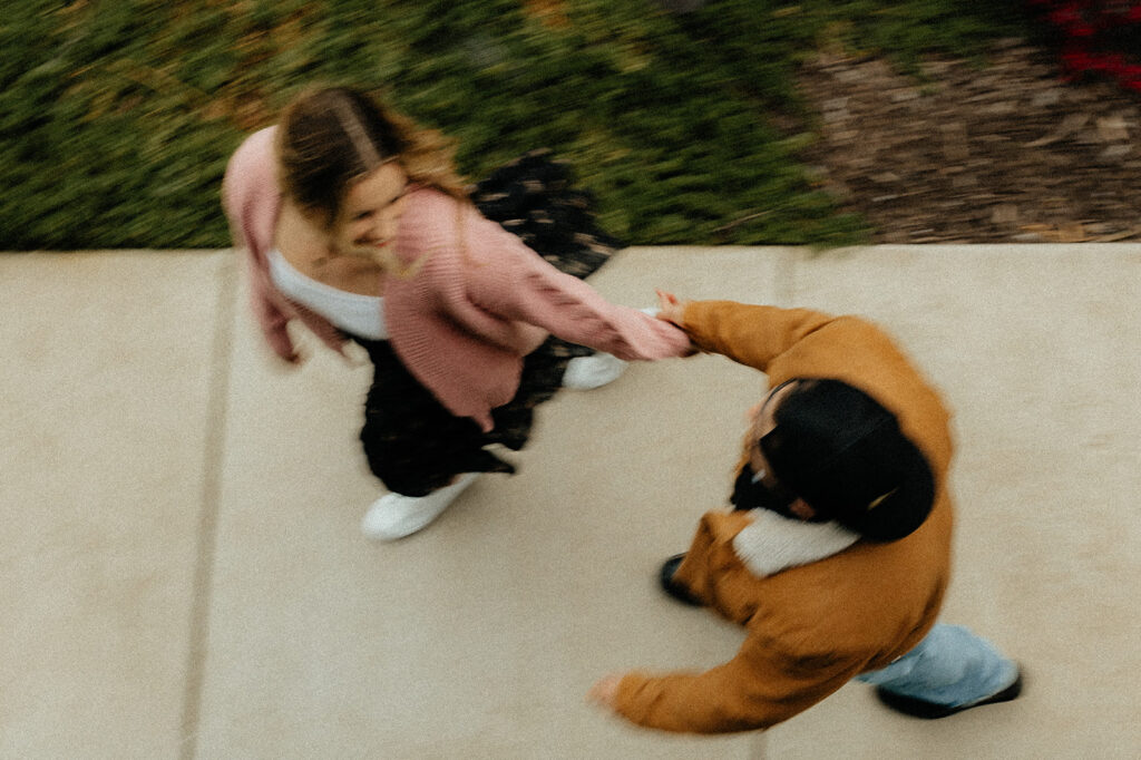 couple walking around during their photoshoot 
