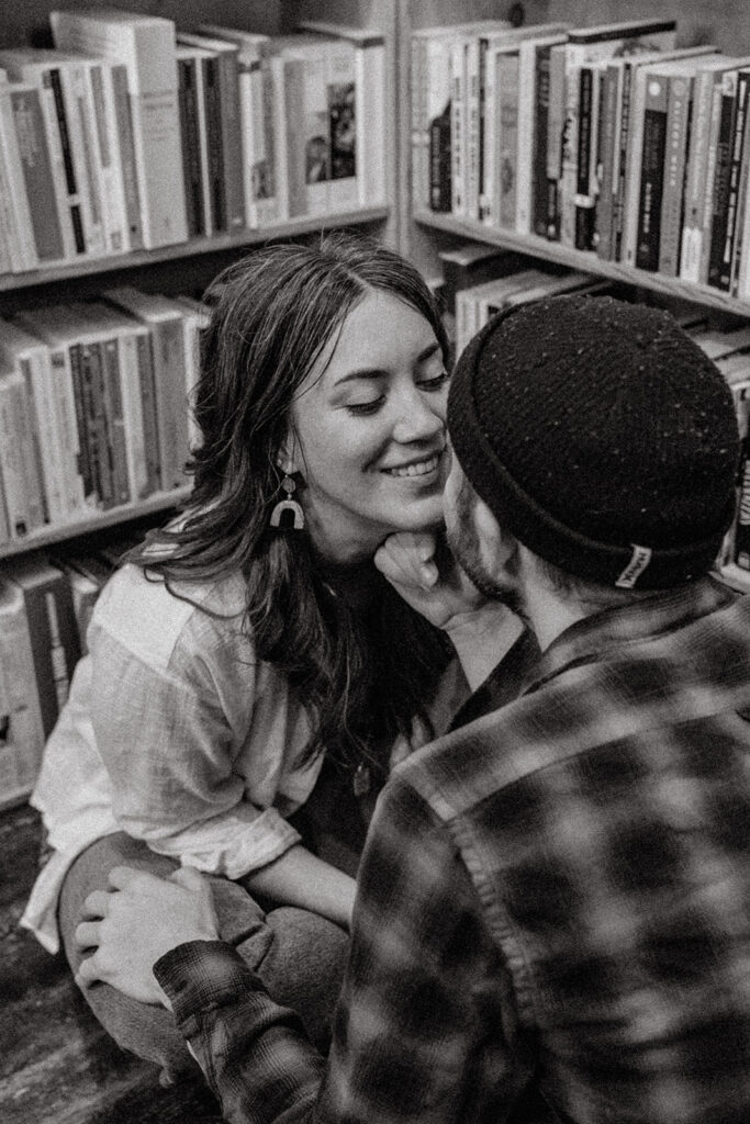 happy couple at their artsy engagement session 