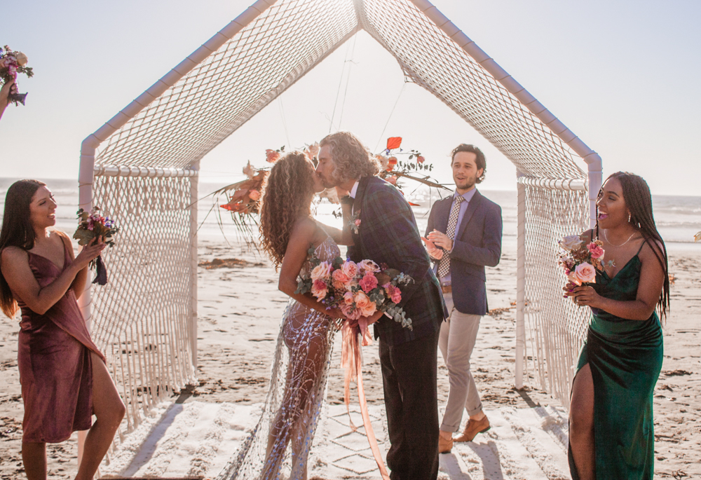 Rachel Christopherson San Luis Obispo Boho Beach Elopement Wedding Bride and Groom Ceremony Kiss 