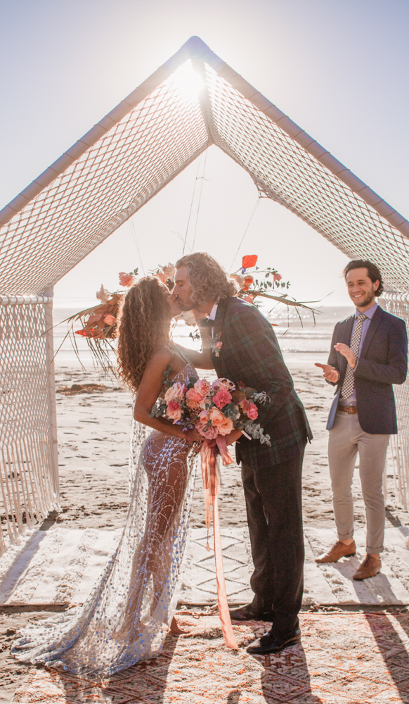 Rachel Christopherson San Luis Obispo Boho Beach Elopement Wedding Bride and Groom First Kiss
