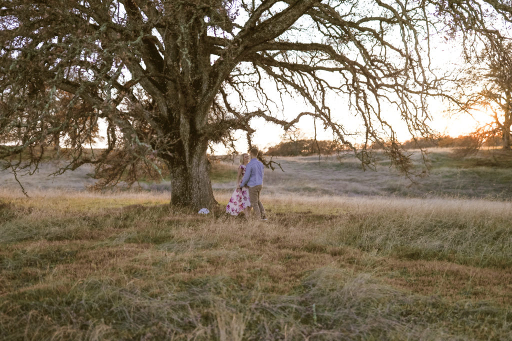 Rachel Christopherson Sacramento California Engagement Close Up Sunset field tree far away