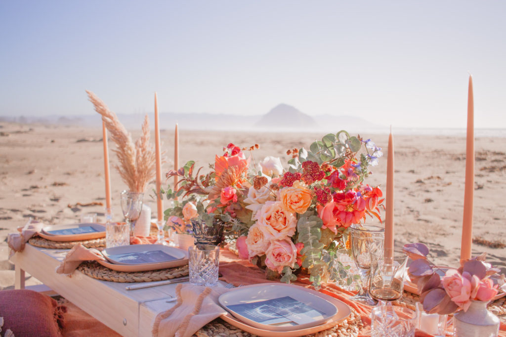 Rachel Christopherson San Luis Obispo Boho Beach Wedding Dinner Table Set Up Morro Bay Rock 