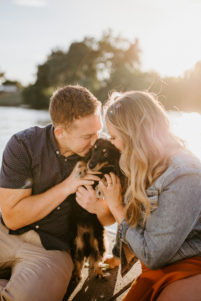 Sacramento River Engagement Session Northern California Weiner dog engagement shoot outfit inspo engagement photos with dog couples shoot posing golden hour sacramento river rachel christopherson photography 