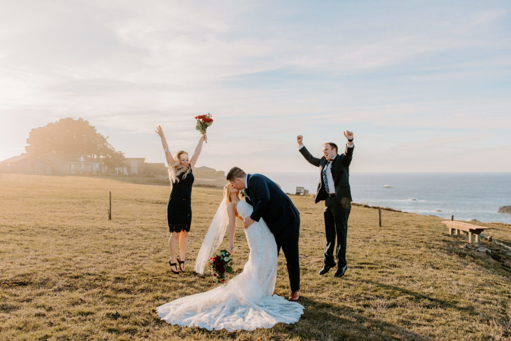 bride and groom dip kiss, Mendocino elopement, mendocino wedding, christmas elopement, best places to elope in california, norcal elopement, northern california elopement, elopement inspo, california coast elopement, mendocino california elopement, Rachel Christopherson Photography 