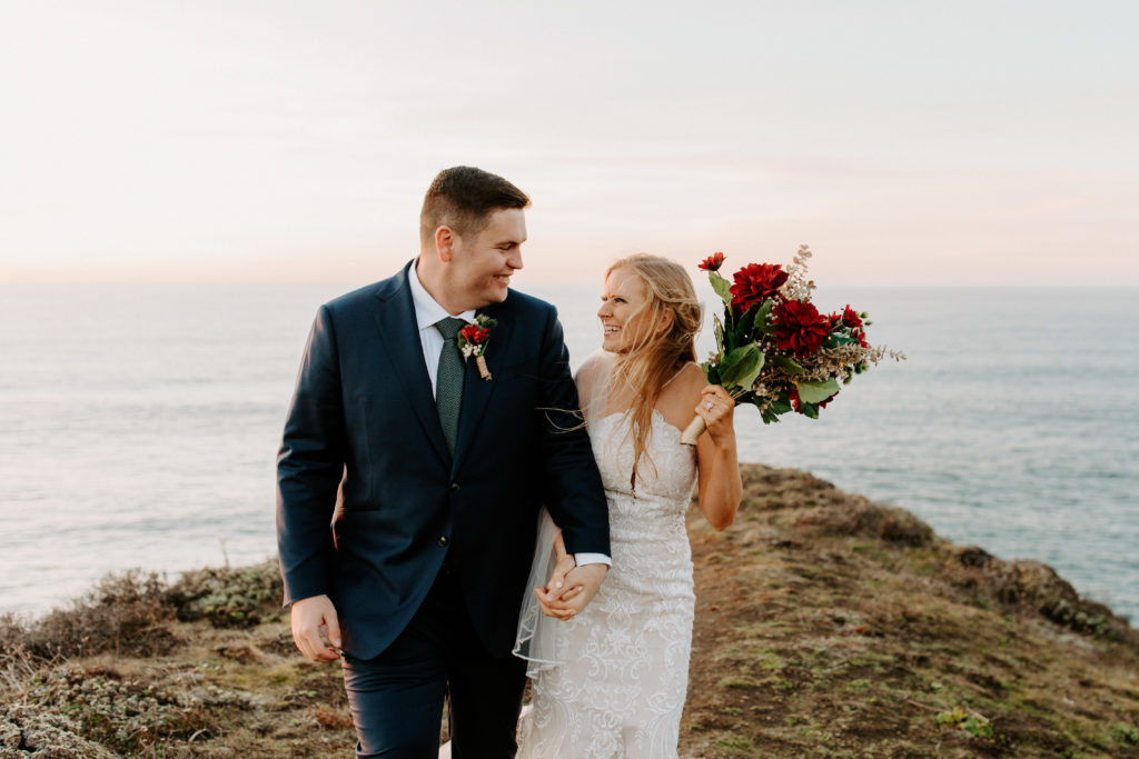bride and groom smiling at each other, Mendocino elopement, mendocino wedding, christmas elopement, best places to elope in california, norcal elopement, northern california elopement, elopement inspo, california coast elopement, mendocino california elopement, Rachel Christopherson Photography 