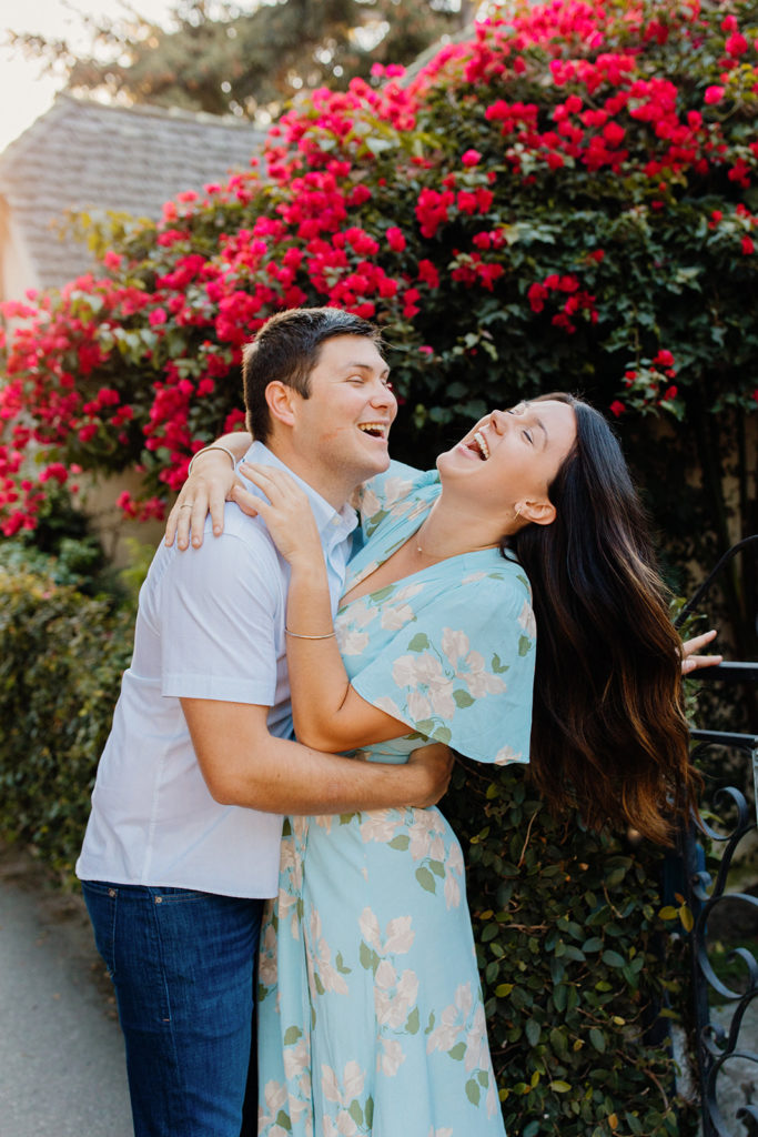 couple laughing together, Carmel CA Engagement Photos, Monterey Engagement Photos, Monterey Engagement Photo Locations, Engagement Photo Outfits, Carmel by the sea Engagement Photos, Best Locations for Monterey Engagement Photos, What to Wear for Engagement Photos, Rachel Christopherson Photography LLC