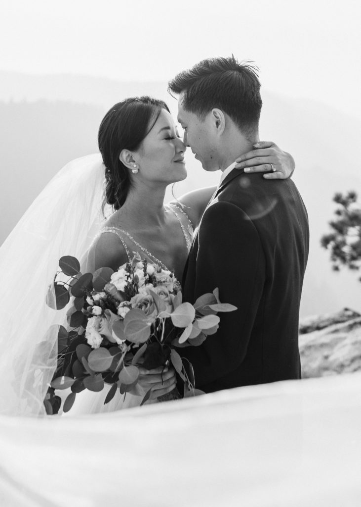 Black and white photo of bride and groom in viel, Taft Point elopement, Yosemite Elopement, Glacier Point Elopement, best places to elope in california, northern california elopement, Rachel Christopherson Photography